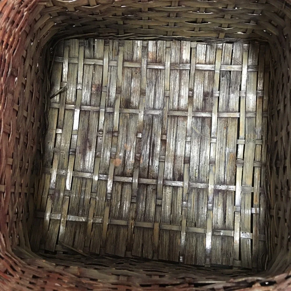 Woven Splint Basket OS Brown Pink Flower Pattern Square Basket Cottagecore